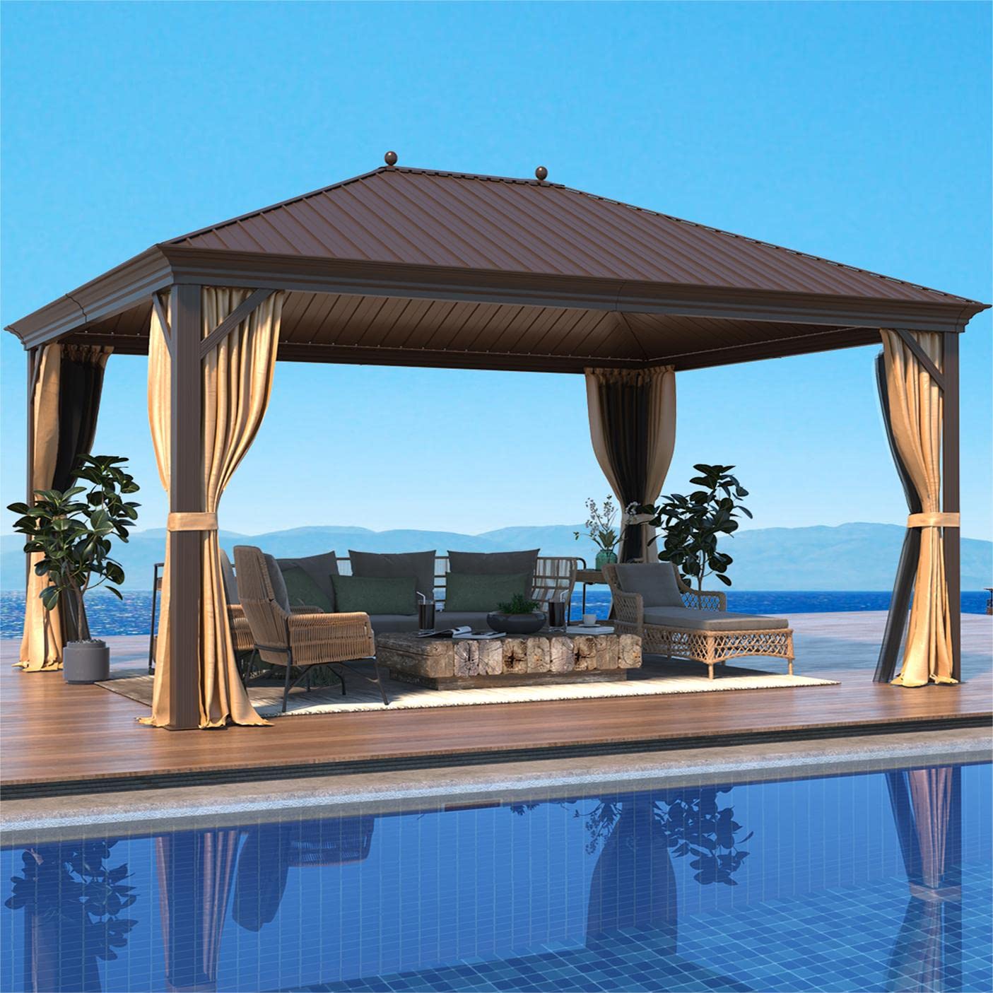 Mellcom 12' X 16' Hardtop Gazebo, Galvanized Steel Metal Single Roof Aluminum Gazebo With Curtains And Netting, Brown Permanent