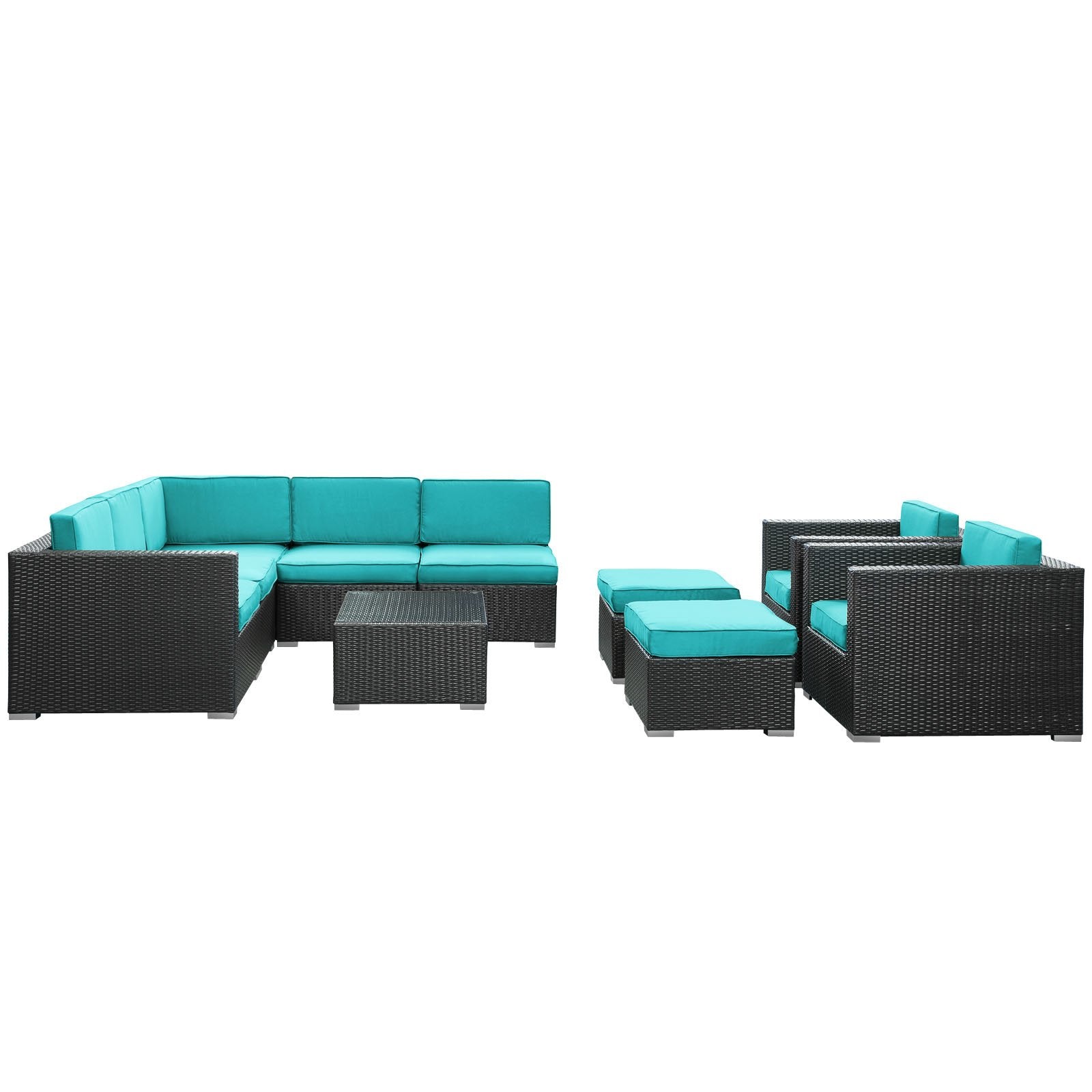 Modway Avia 10-Piece Outdoor Wicker Patio Sectional Espresso Sofa Set With Turquoise Cushions