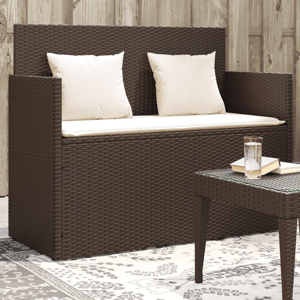 vidaXL Brown Poly Rattan Patio Bench - Outdoor Loveseat with Cushions and Storage - Weather-Resistant, Easy-Clean Garden Furniture
