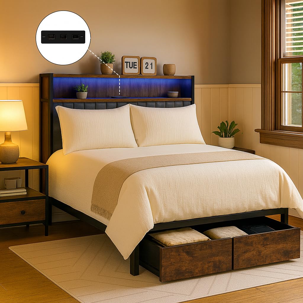 COMHOMA Queen Bed Frame with Headboard and Storage Drawers, Charging Station, Modern Platform Metal Frames with Wood Accents, No