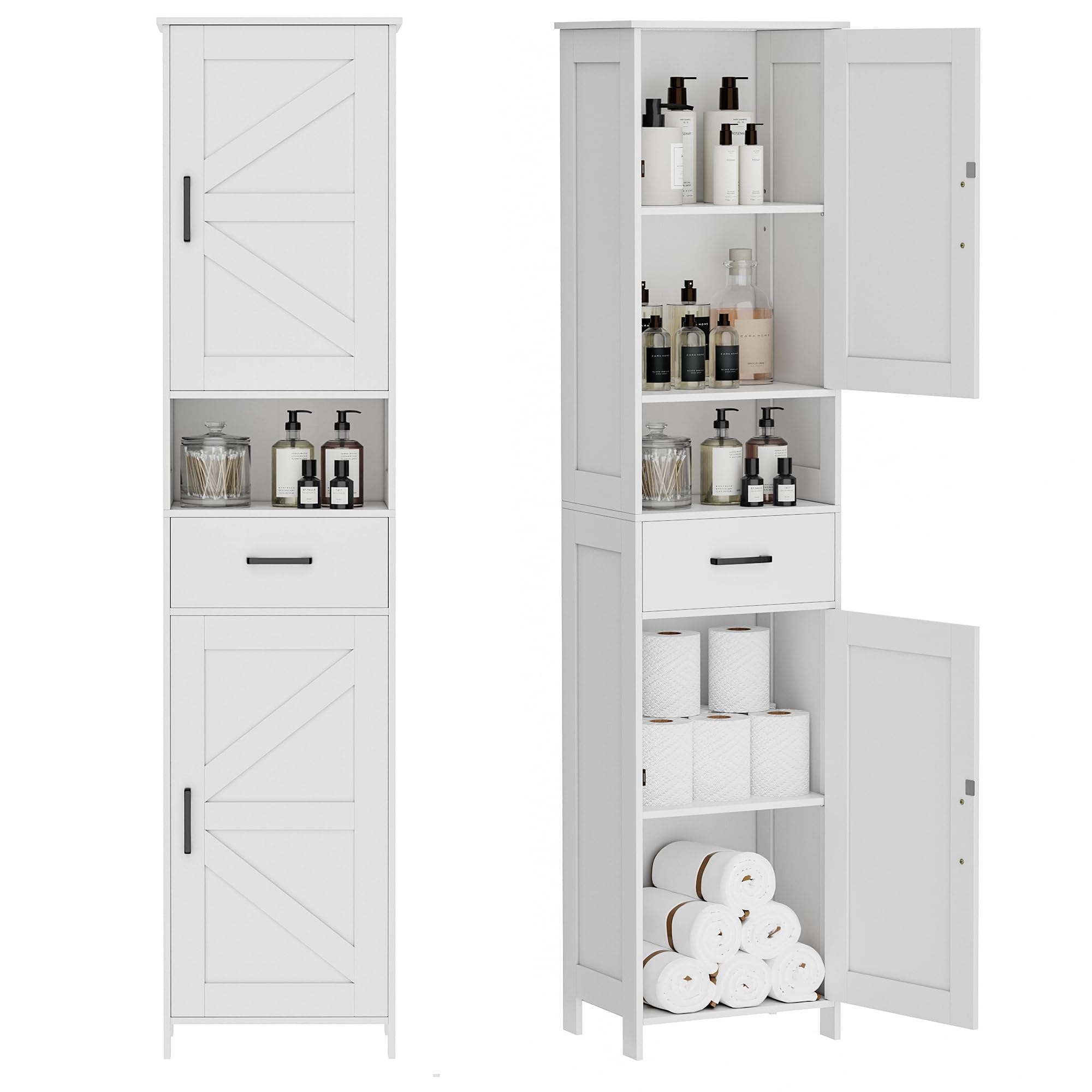 Homhedy 67 H Tall Bathroom Storage Cabinet with 2 Barn Doors and 1 Drawer, Narrow Storage Unit, Adjustable Shelves,Floor Cabinet