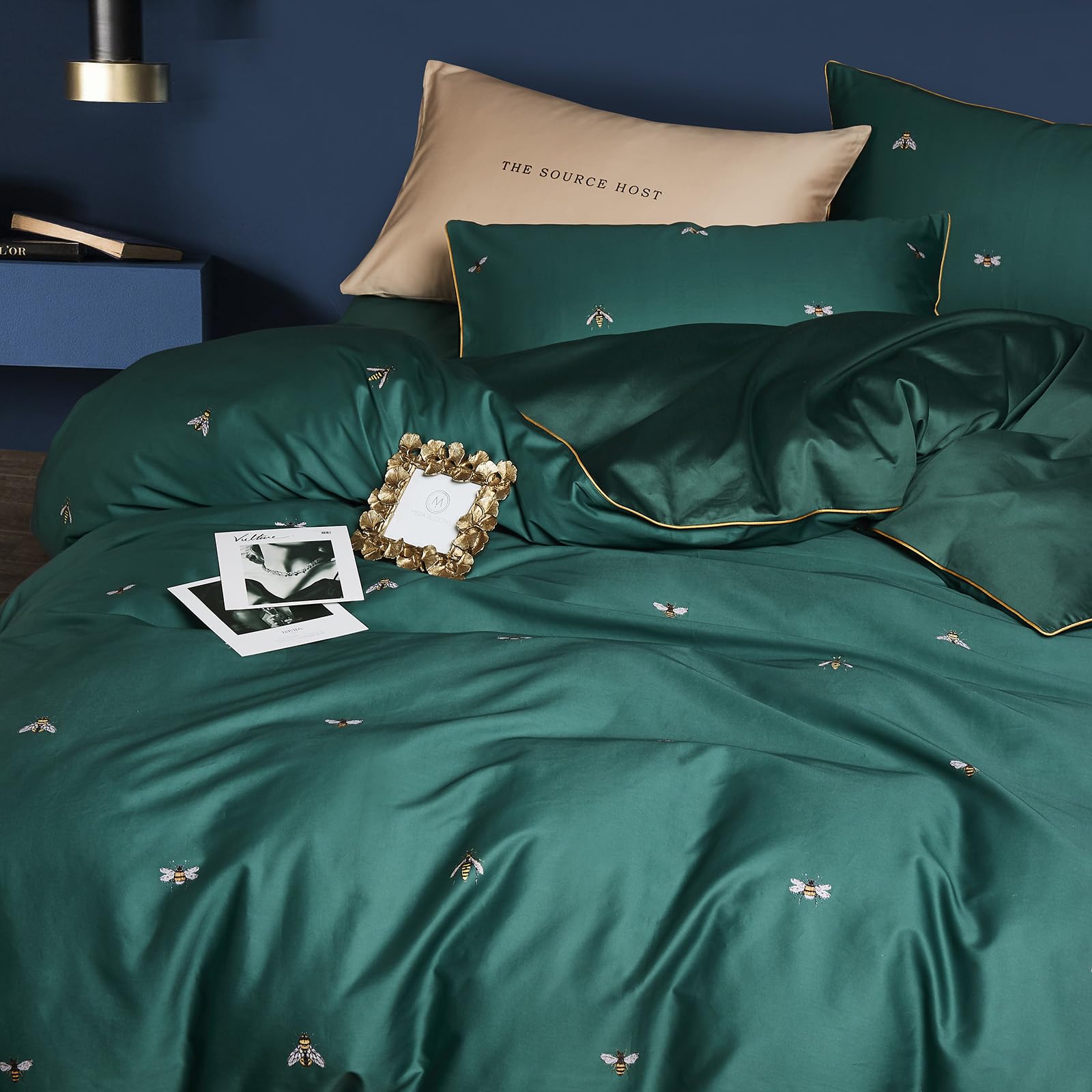 Mixinni Dark Green Duvet Cover King Size, 100% Long Staple Cotton Honeybee Floral Pattern 3Pc Bedding Duvet Cover Set With Zippe