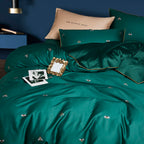 Mixinni Dark Green Duvet Cover King Size, 100% Long Staple Cotton Honeybee Floral Pattern 3Pc Bedding Duvet Cover Set With Zippe