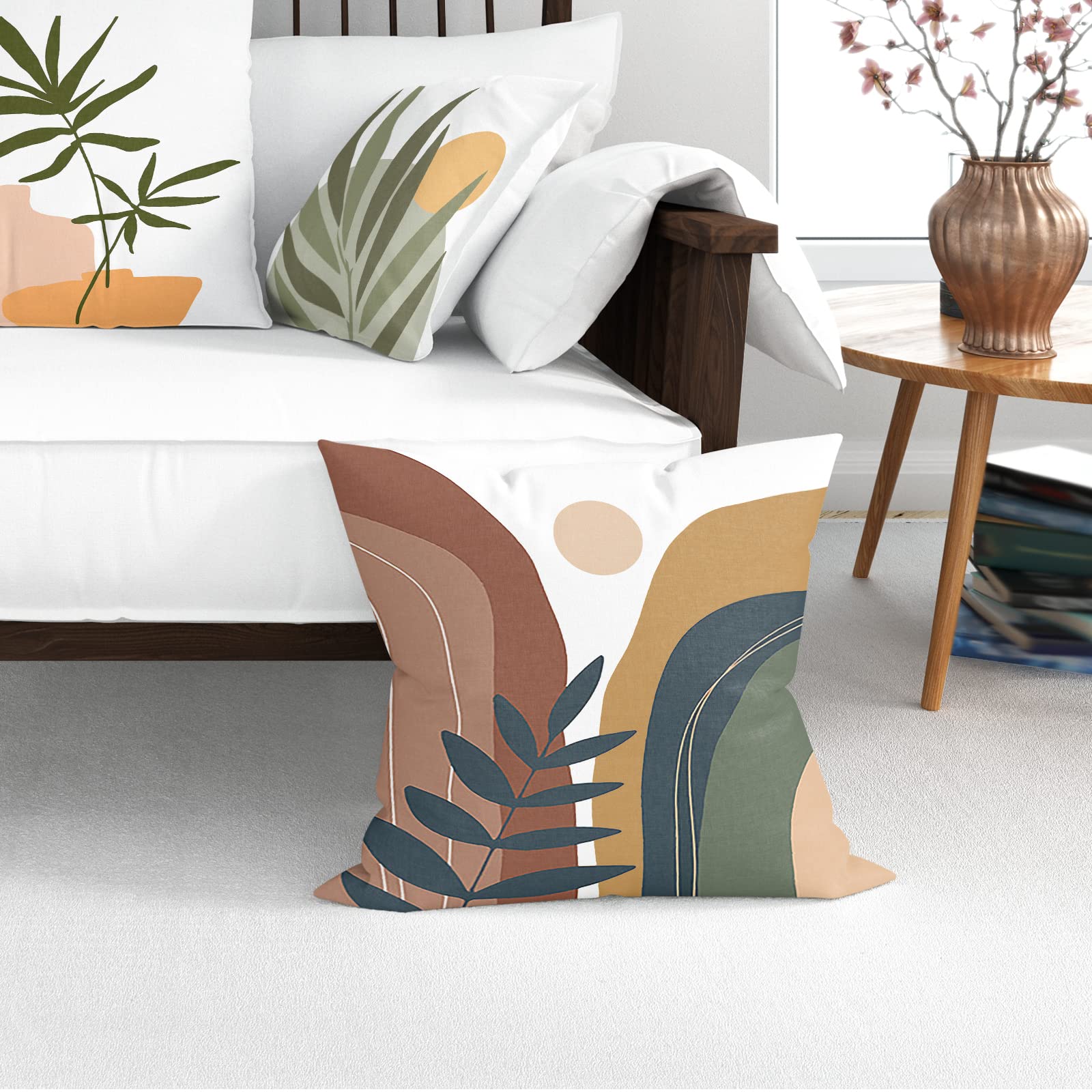 Comminy Abstract Boho Pillow Covers 18X18 Set Of 6,Rustic Sunset Leaves Throw Pillow Cover,Minimalist Modern Pillow Case For Cou