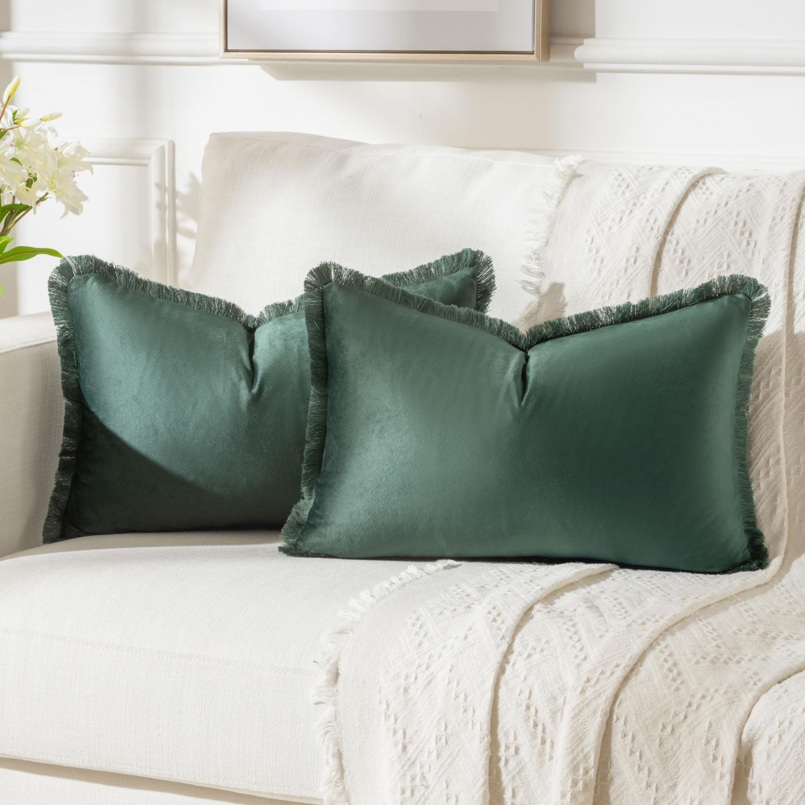 FUTEI Army Green Boho Throw Pillow Covers with Tassels 12x20 Inch Set of 2,Soft Velvet Lumbar Pillow Cases,Home Decor for Couch 