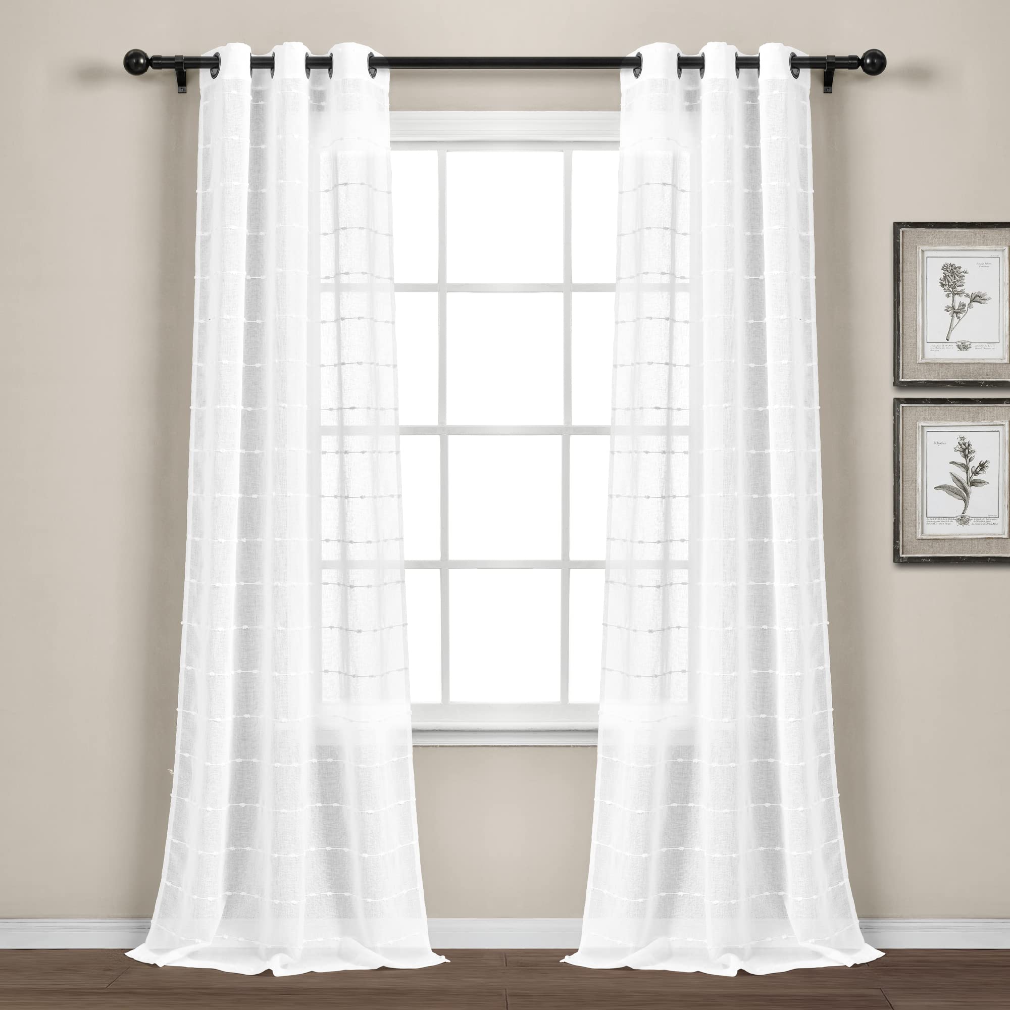 Lush Decor Farmhouse Textured Grommet Sheer Window Curtain Panel Pair, 38'W X 95'L, Bleach White