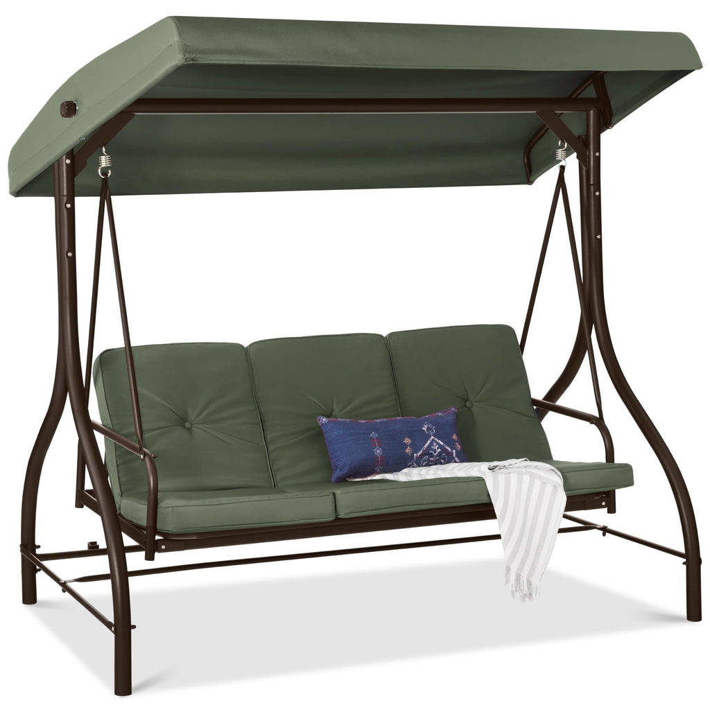 Best Choice Products 3-Seat Outdoor Large Converting Canopy Swing Glider, Patio Hammock Lounge Chair For Porch, Backyard W/Flatbed, Adjustable Shade, Removable Cushions - Midnight Green