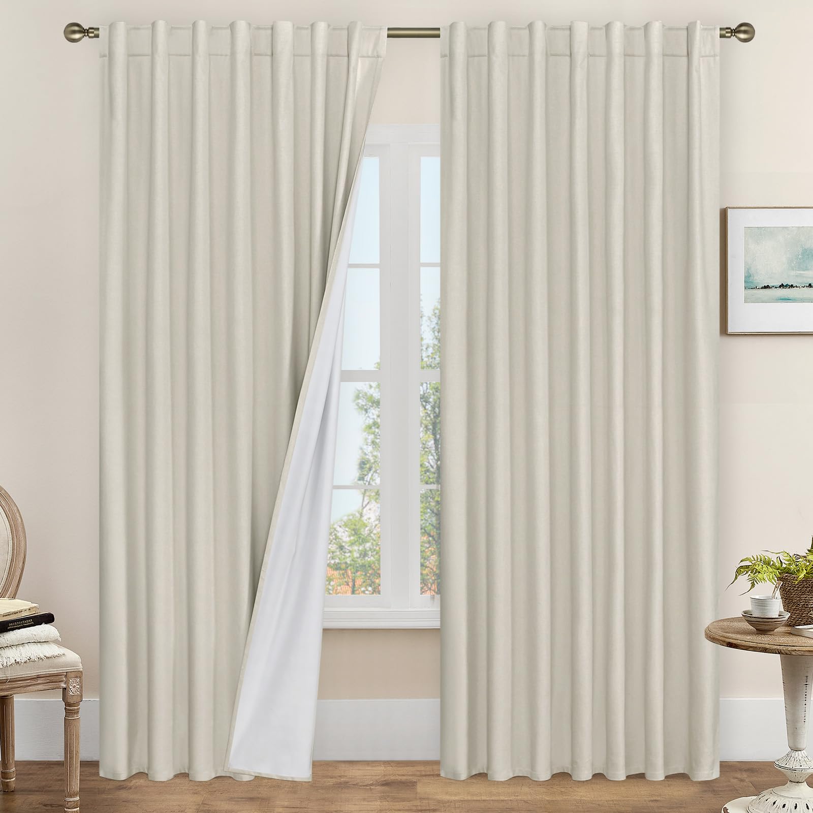 LAMIT Stone 100% Blackout Linen Curtains, 84 Inch Linen Textured Living Room Bedroom Drapes Room Darkening Back Tab and Rod Pock