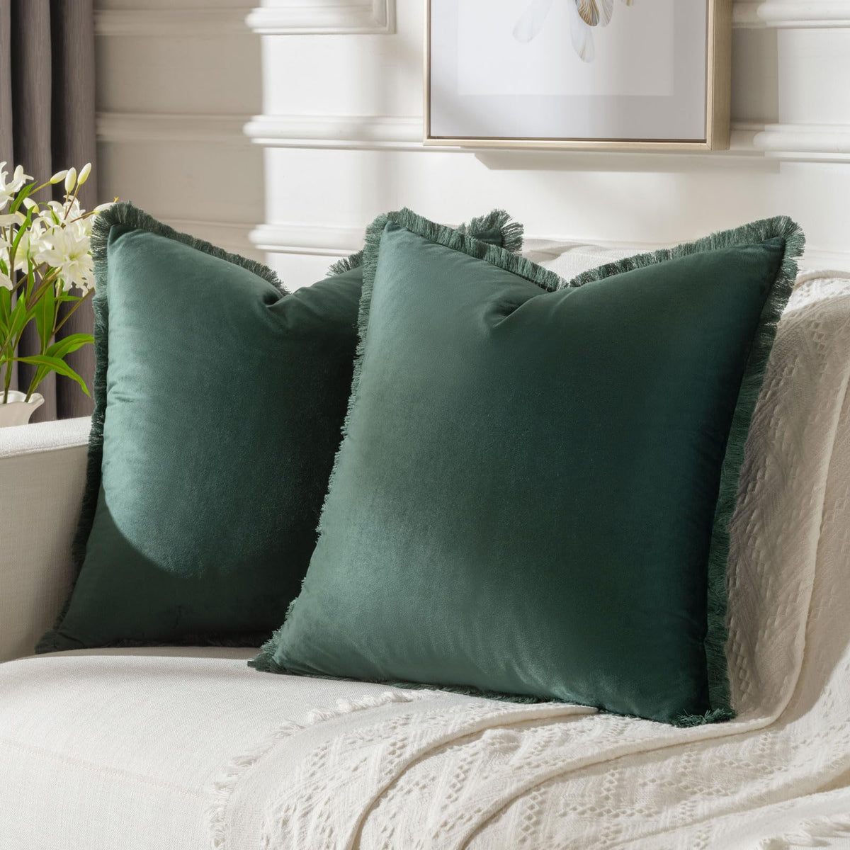 FUTEI Army Green Boho Throw Pillow Covers with Tassels 18x18 Inch Set of 2,Soft Velvet Decorative Cushion Case,Home Decor for Co