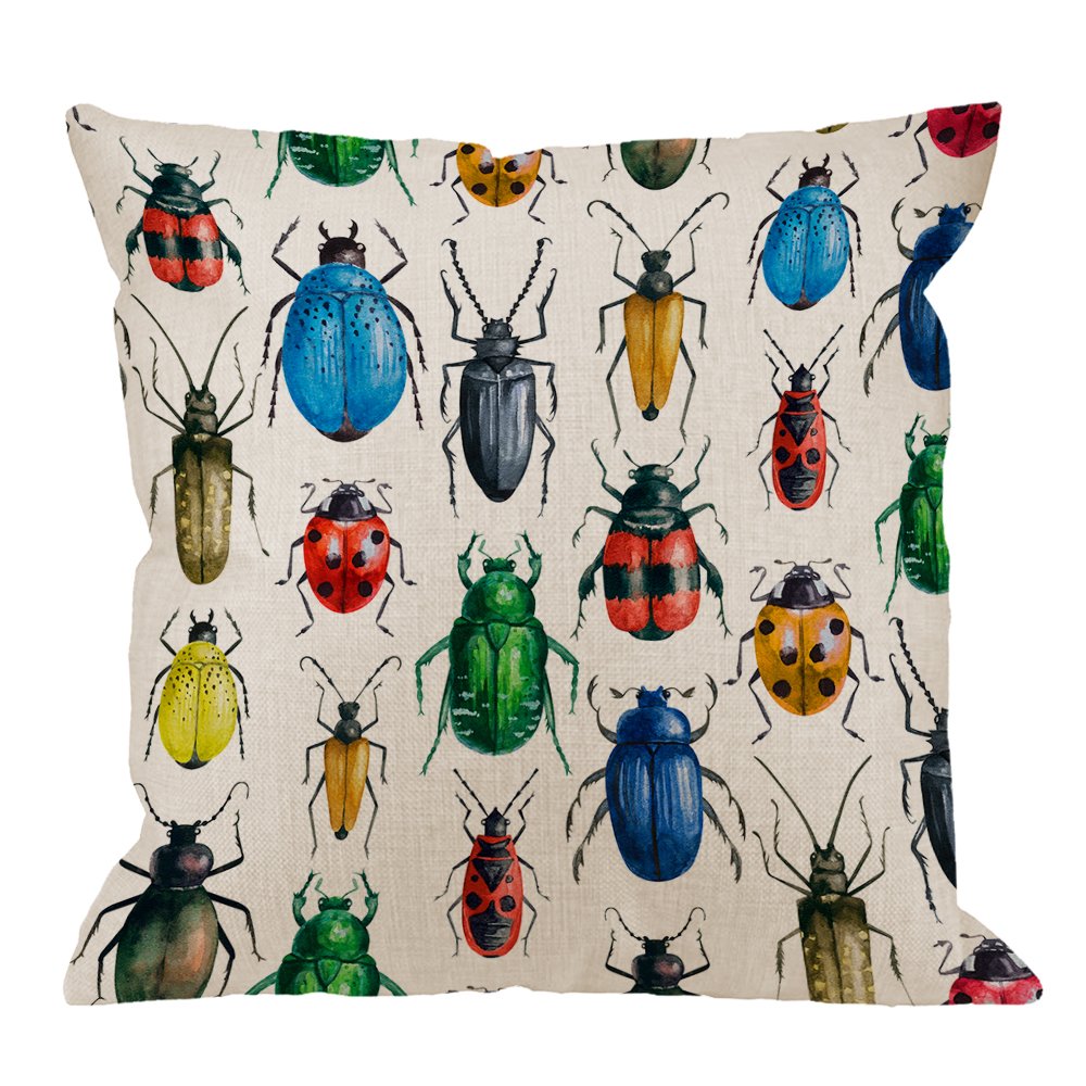 Hgod Designs Beetles Pillow Cover,Decorative Throw Pillow Beetle Watercolor Hexapod Bug Pillow Cases Cotton Linen Outdoor Indoor