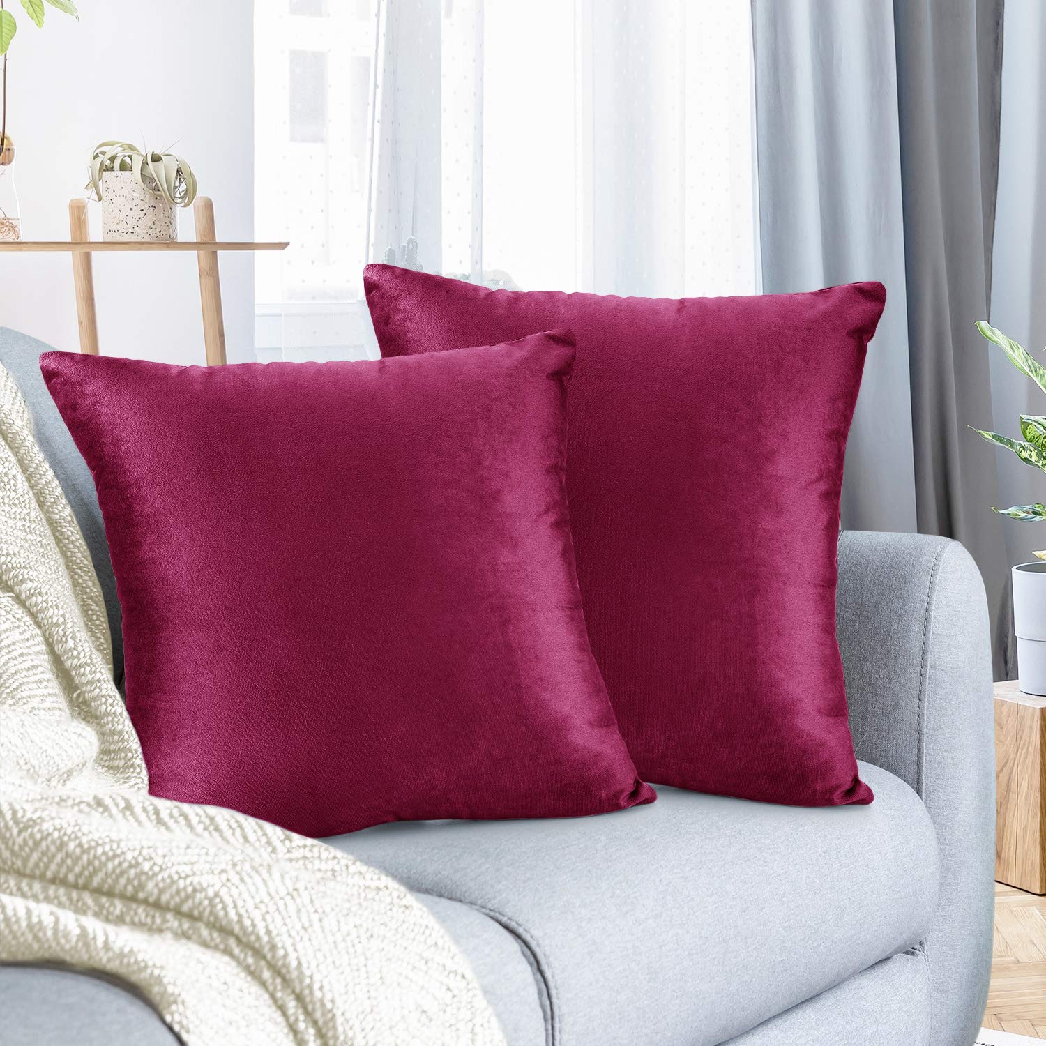 Nestl Throw Pillow Covers, Cozy Velvet Decorative Magenta Pillow Covers 18 X 18 Inches, Soft Solid Couch Pillow Covers For Sofa,