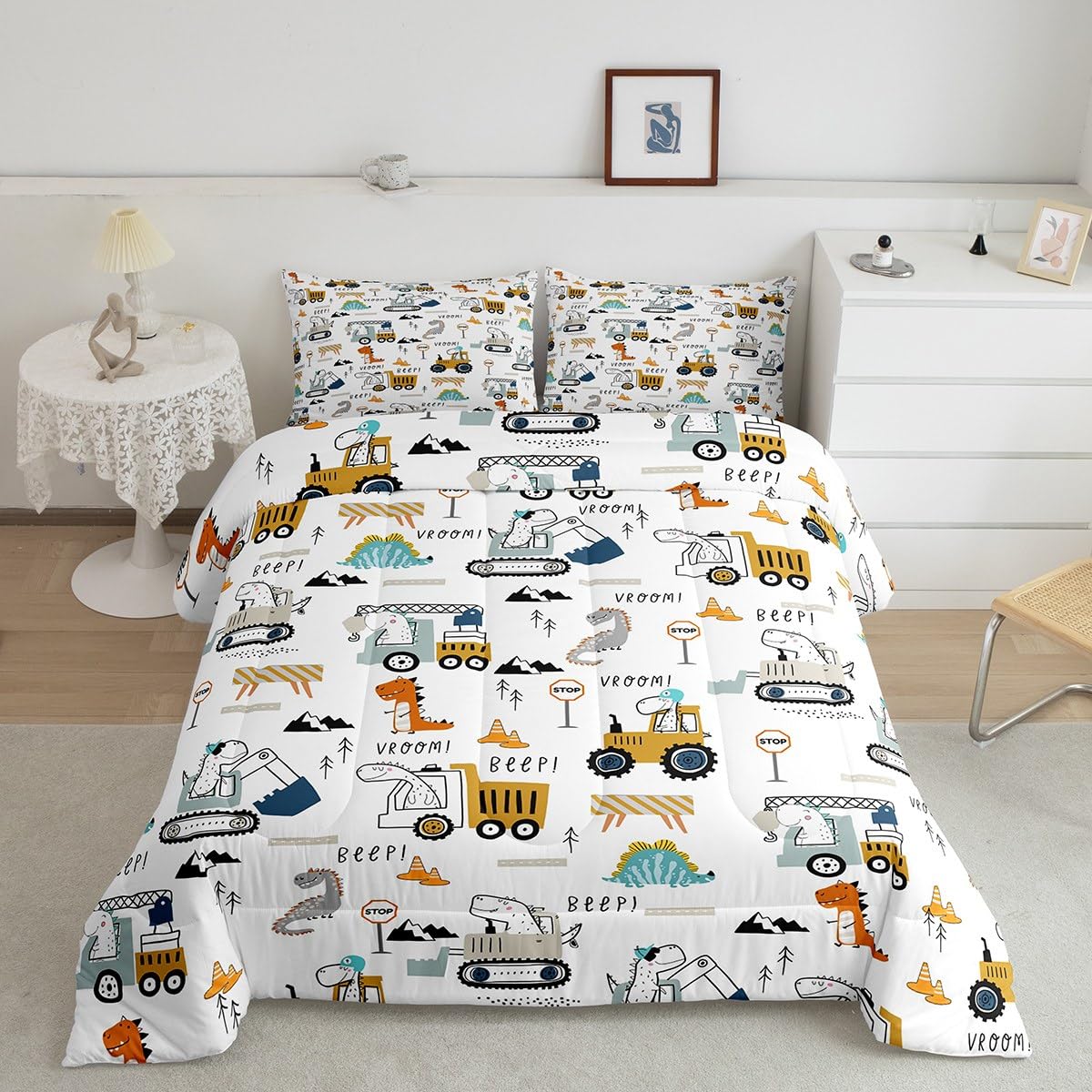 Feelyou Construction Bedding Set Twin Size Equipment Trucks Comforter Set for Kids Boys Girls Decor Dinosaur Comforter 3D Digita