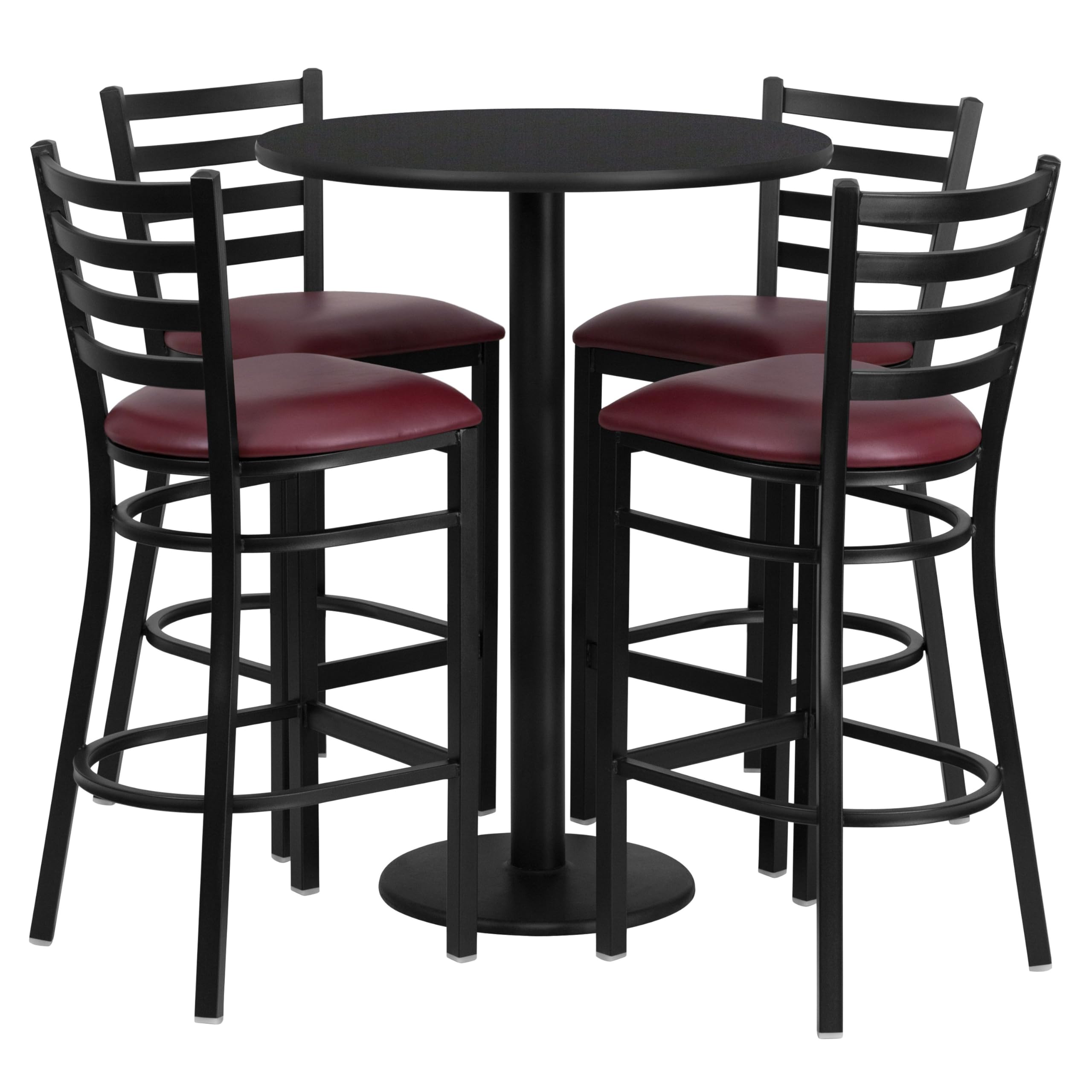 Flash Furniture Jamie 30'' Round Black Laminate Table Set With Round Base And 4 Ladder Back Metal Barstools - Burgundy Vinyl Seat