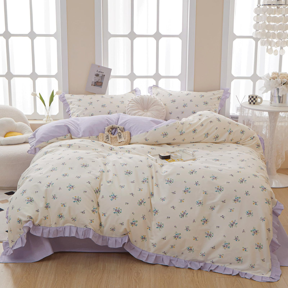 Vm Vougemarket Lace Duvet Cover Set Queen,3 Pieces Purple Flower Duvet Cover With 2 Pillowcases,100% Cotton Princess Bedding Set