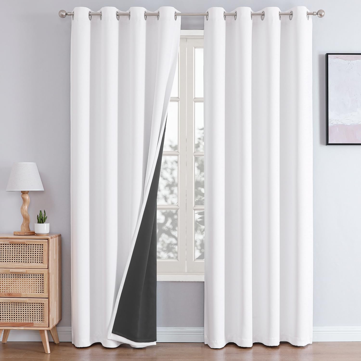 Chrisdowa White 100% Blackout Curtains For Bedroom With Black Liner, 2 Thick Layers Total Blackout Thermal Insulated Grommet Lon