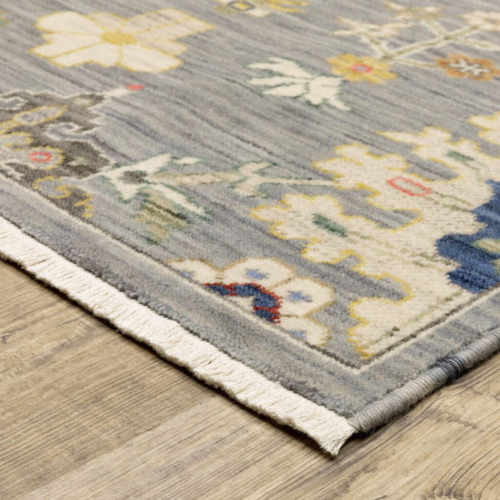 HomeRoots 509322 8 x 11 ft. Gray Ivory Gold Salmon Red Blue & Green Oriental Power Loom Stain Resistant Rectangle Area Rug with Fringe