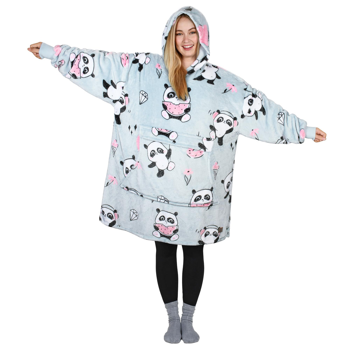 Catalonia Panda Print Oversized Blanket Hoodie Sweatshirt, Wearable Fleece Pullover For Adults Men Women