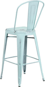 Commercial Grade 30 High Distressed Green-Blue Metal Indoor-Outdoor Barstool with Back