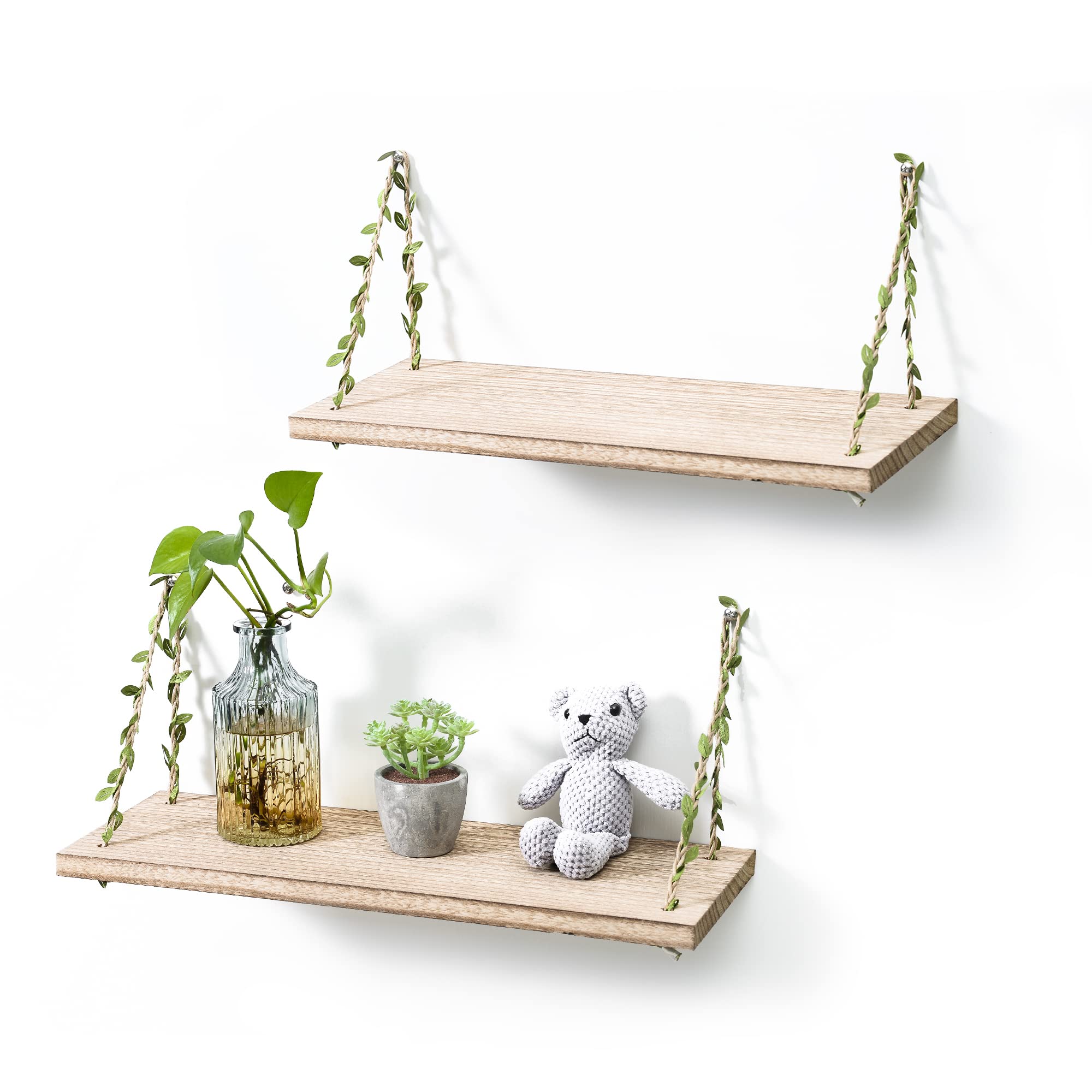 MITIME Leaf Rope Hanging Floating Shelves, Wall Swing Storage Shelf for Home Decor.17, 2-Pack (Light Color)