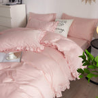 Dolce Mela Kink Size, Luscious 6 Piece Duvet Cover Set With Beautiful Ruffle Edge, 100% Long Staple Combed Cotton, Hypoallergenic, All-Season, Pink, Dm808K