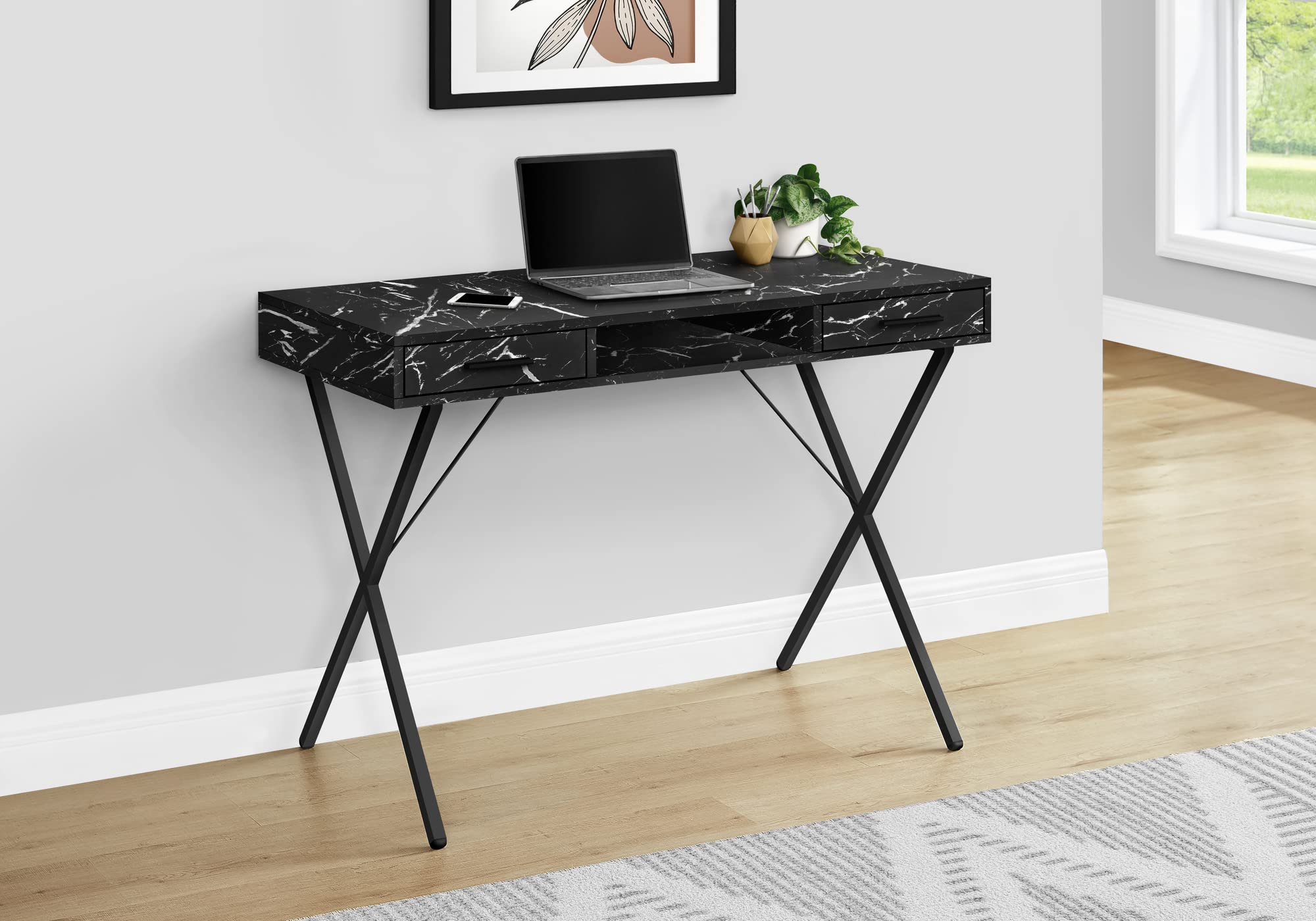 Monarch Specialties 7793 Computer Desk, Home Office, Laptop, Left, Right Set-up, Storage Drawers, Work, Metal, Laminate, Contemporary Desk-42, 42&quot; L x 20&quot; W x 30&quot; H, Black Marble-Look/Black