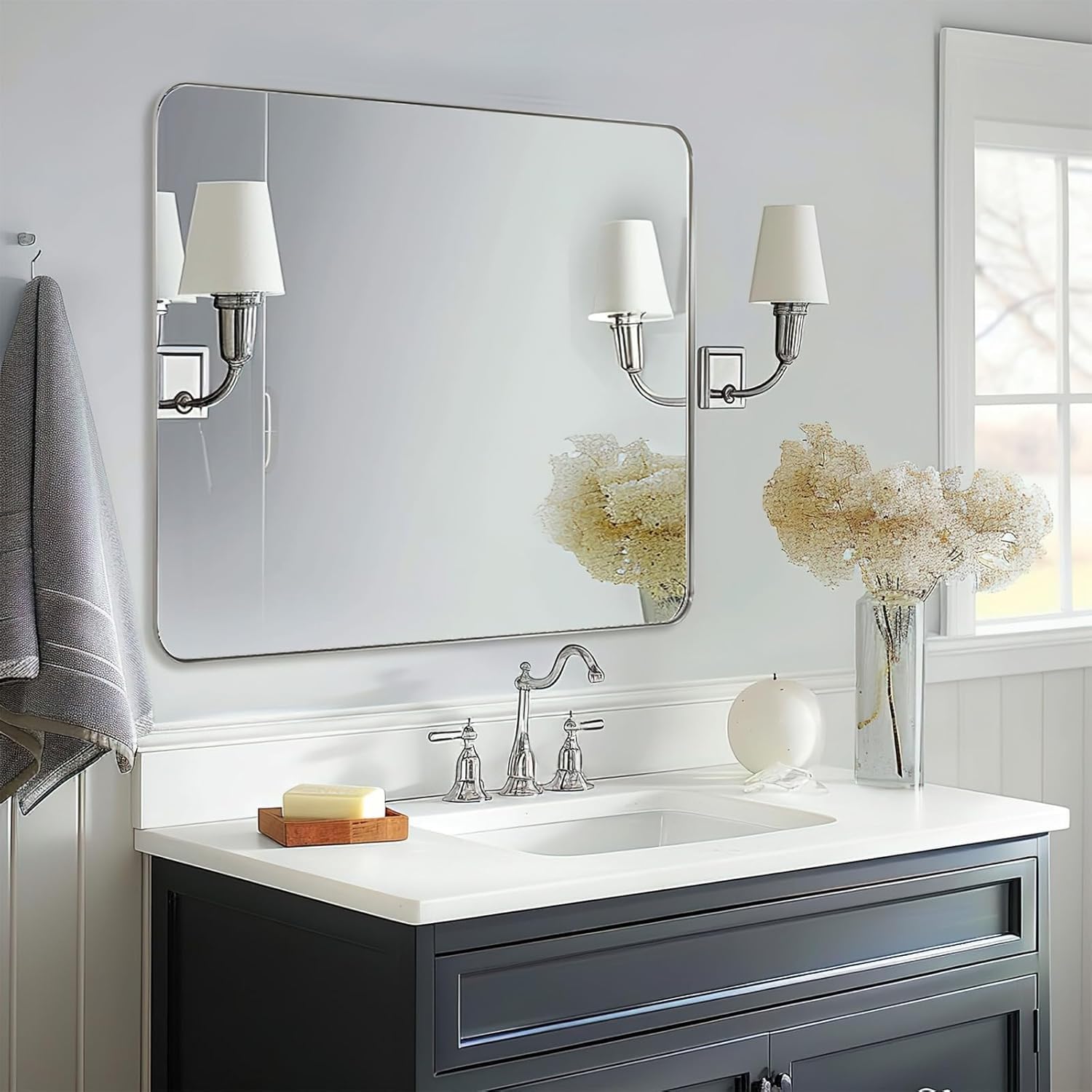 Andy Star Chrome Bathroom Mirror, 24   X40    Polished Nickel Rounded Corner Rectangle Mirror, Modern Metal Frame Bathroom Vanit