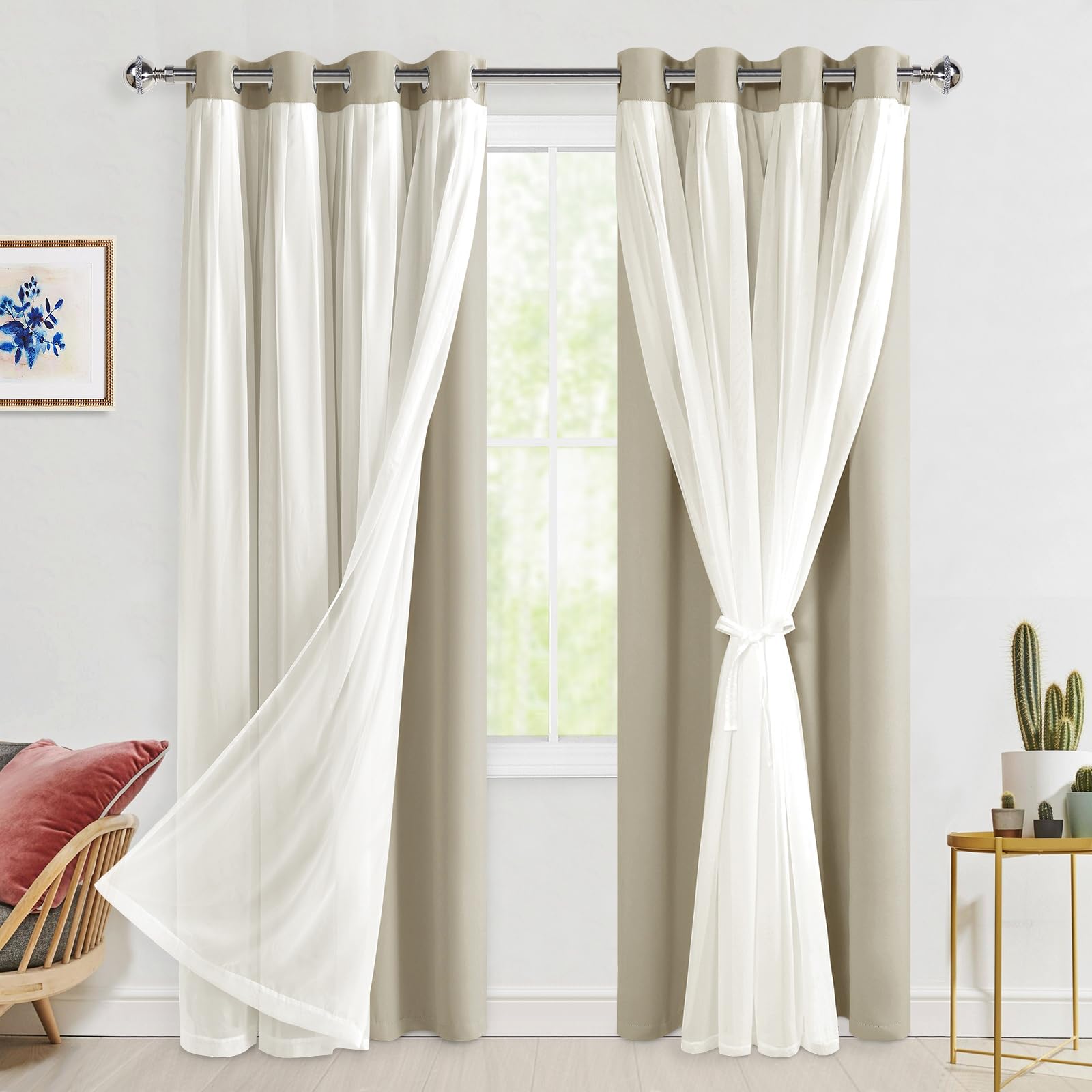 Hiasan Blackout Curtains with Sheer Overlay 84 Inches Long, Thermal Insulated Mix & Match Double Layer Window Curtains for Bedro