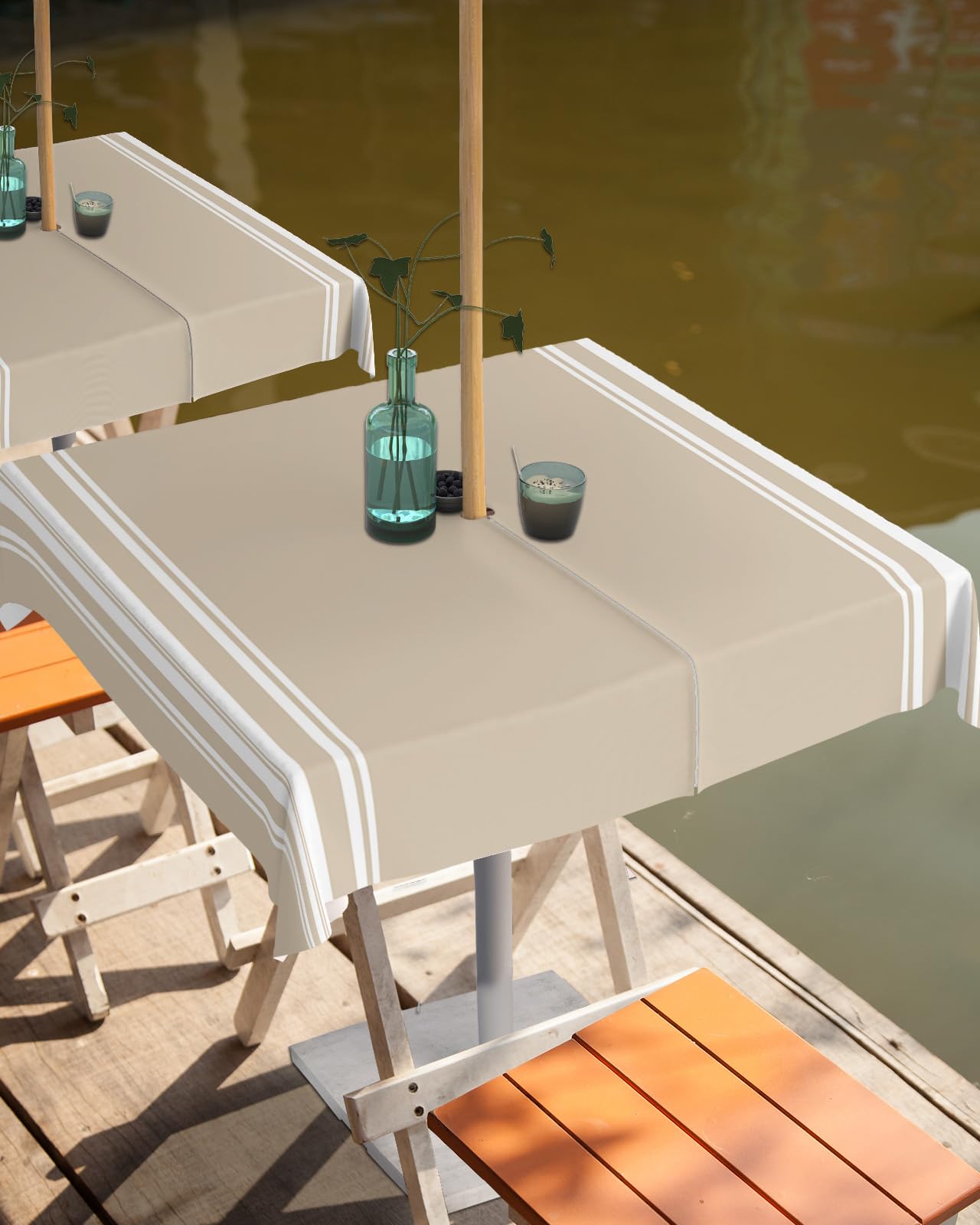Queenker Outdoor Tablecloth With Umbrella Hole, Khaki And White Stripe Square Tables Waterproof Tabletop Collection For Patio, G