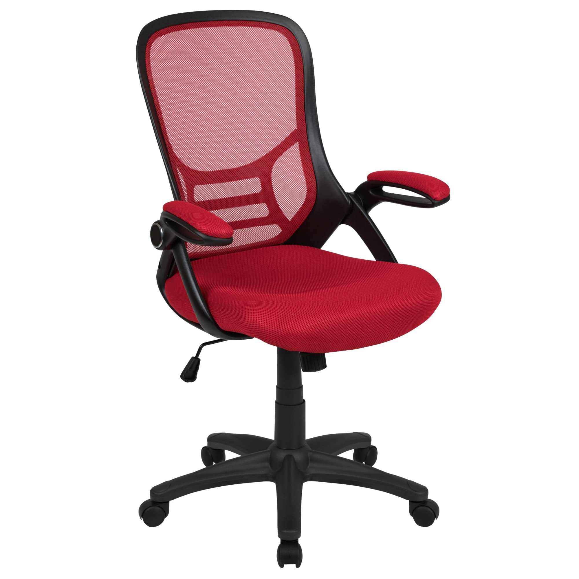Flash Furniture Porter High Back Mesh Ergonomic Swivel Office Chair With Lumbar Support, Flip-Up Arms, Tilt Lock/Tilt Tension, Height Adjustable, Red/Black Frame