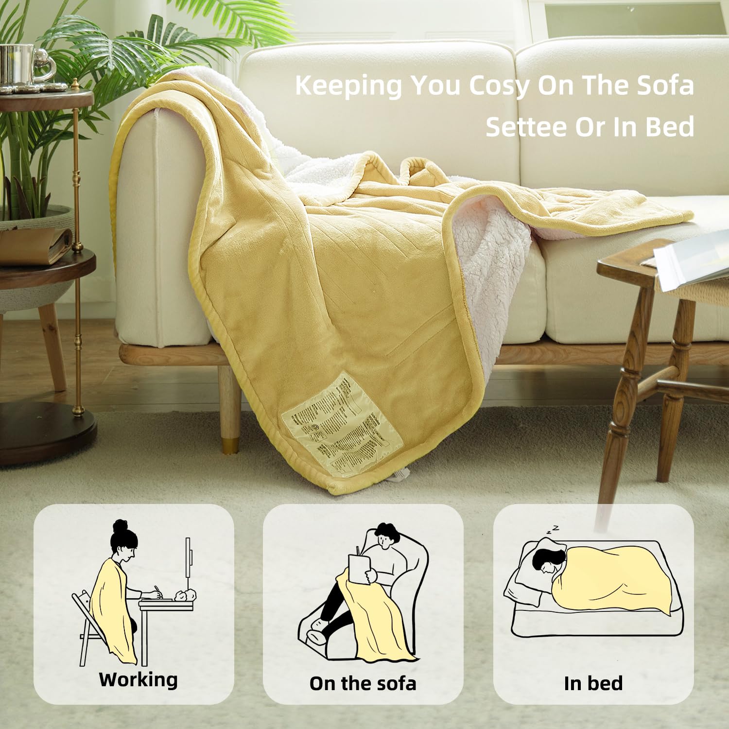Gotcozy Heated Blanket Electric Throw 50''X60''- Soft Silky Plush Electric Blanket With 4 Heating Level & 3 Hour Auto Off Heating Blanket, Etl Certified Machine Washable (Yellow)