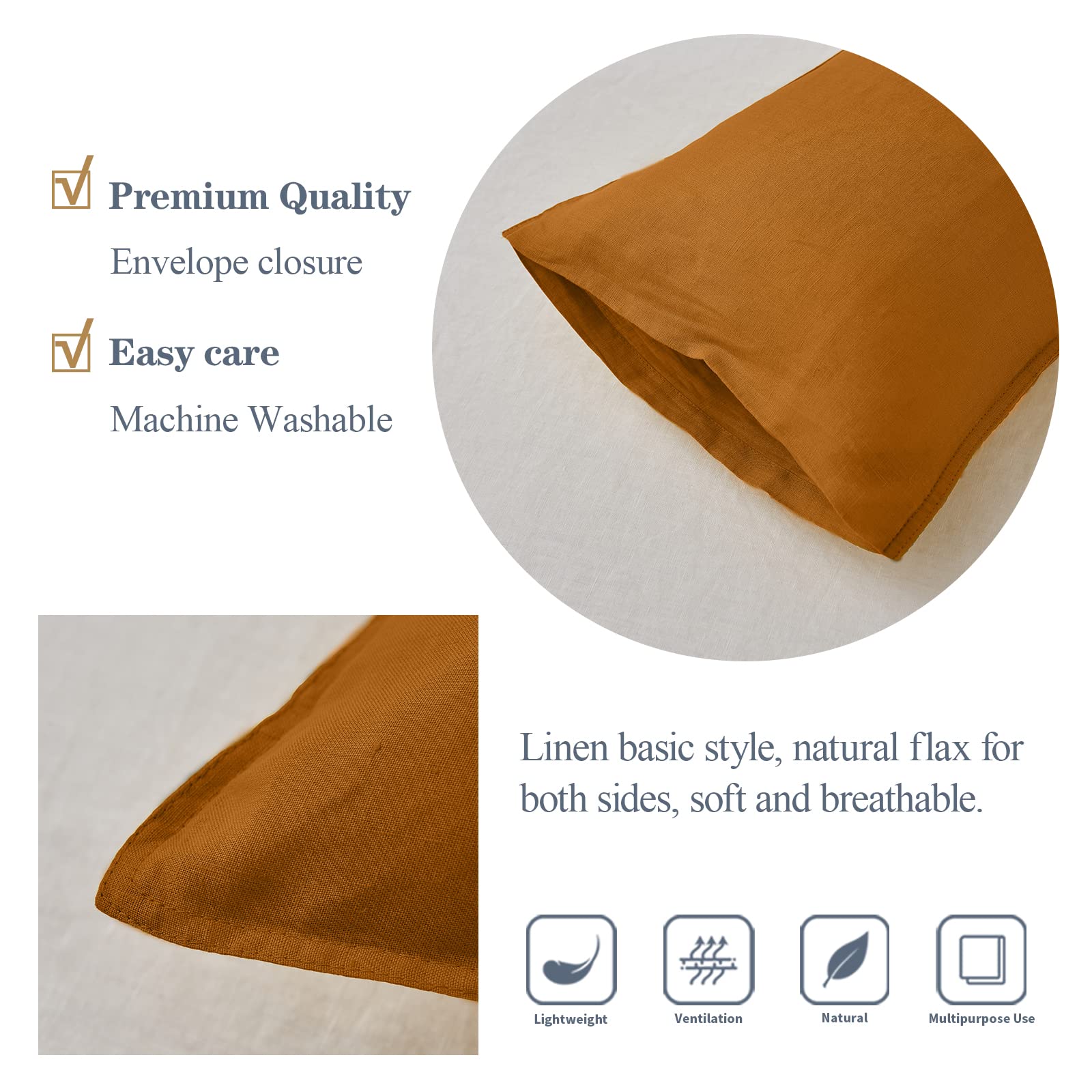 Simple&Opulence 100% Linen Lumbar Pillow Cover 12 X 20 Inches Set Of 2 Rectangular Decorative Throw Cushion Cover For Couch Sofa Bed Living Room Office Soft Breathable Farmhouse - Rust