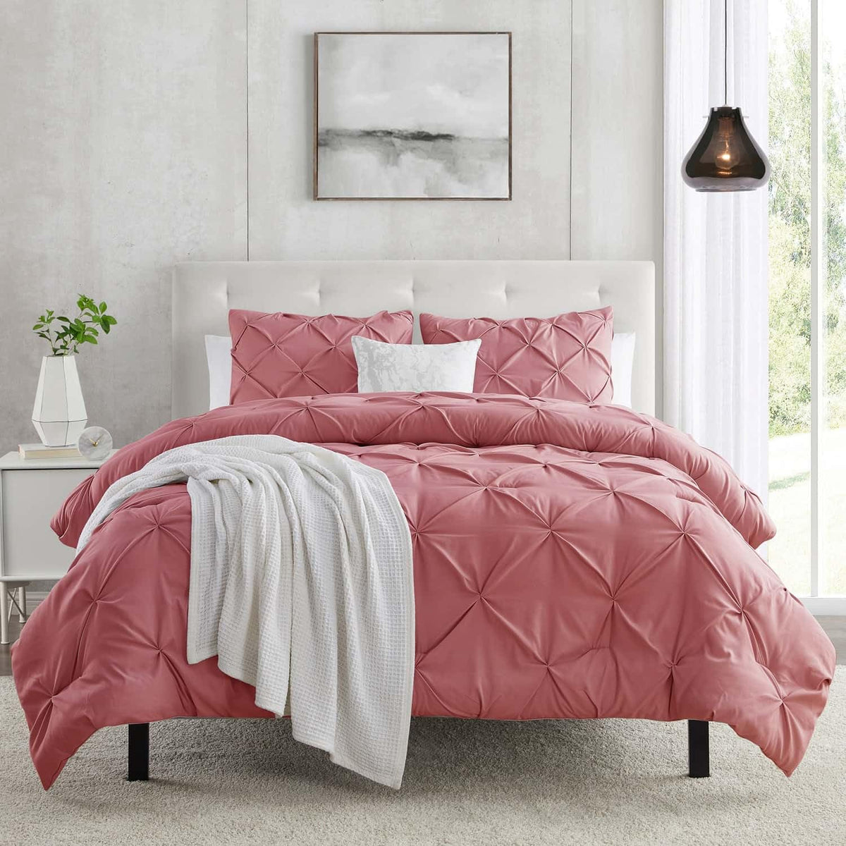 Duvet Cover Queen Size 3 Piece Pintuck Comforter Cover - 1 Duvet Cover 90X90 Button Closure With 2 Pillow Shams - Ultra Soft Mic