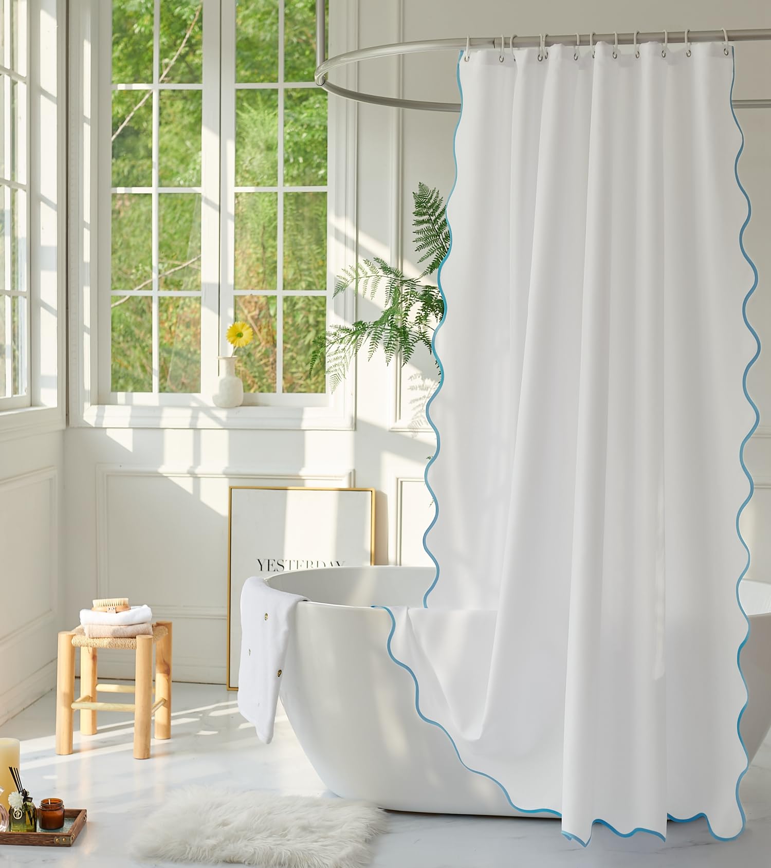 Youngseahome White Fabric With Aqua Scalloped Border Shower Curtain,Boho Chic Cloth Shower Curtain For Bathroom Showers,72 X 72
