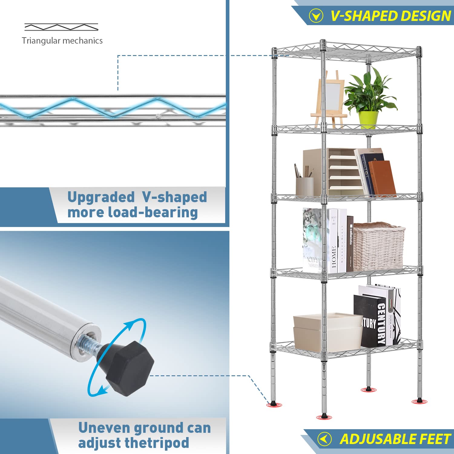 Adjustable Nsf-Certified Metal Shelf Wire Shelving Unit Storage For Small Places Restaurant Garage Pantry Kitchen Garage Rack (Chrome, 16.7L×11.8W×47.6H)
