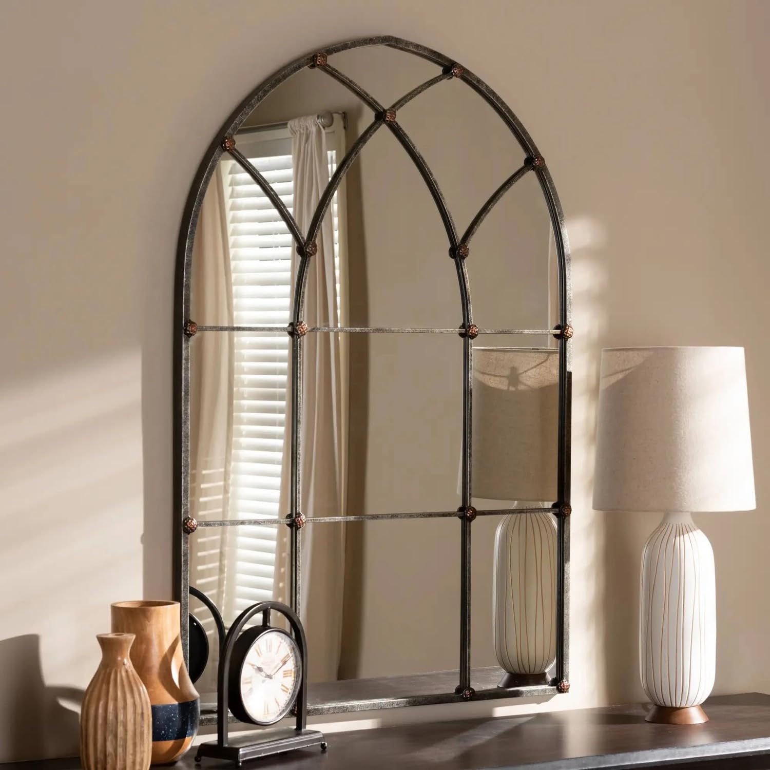 Baxton Studio Tova Vintage Farmhouse Antique Silver Finished Arched Window Accent Wall Mirror