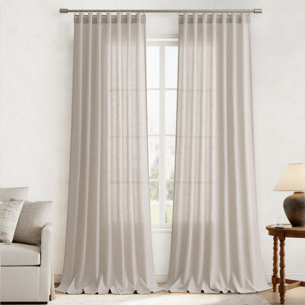 Joywell Birch Hook Belt Linen Semi Sheer Curtains 108 Inches Length Long Rod Pocket Back Tab Hook Belt Clip Rings Window Curtains Drapes For Bedroom Living Room 2 Panels 52X108
