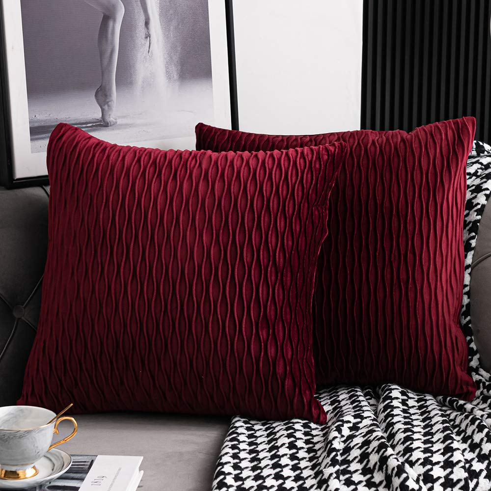 Dezene Burgundy Red Throw Pillow Covers: 2 Pack Inch Original Striped Velvet Square Decorative Pillow Cases For Farmhouse Couch