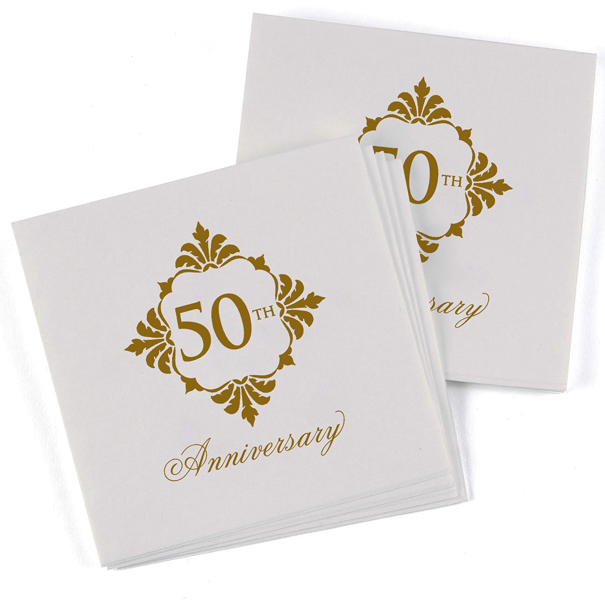 Hortense B. Hewitt Paper Anniversary Napkins 50-Count, Printed Gold 50th Flourish, 4.75-Inch (Folded)