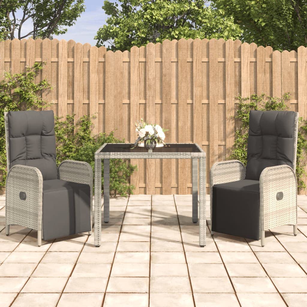 vidaXL Patio Dining Set 3 Piece, Wicker Dining Table and Chair with Cushions, Adjustable Reclining Chair for Lawn Backyard Garden, Gray Poly Rattan
