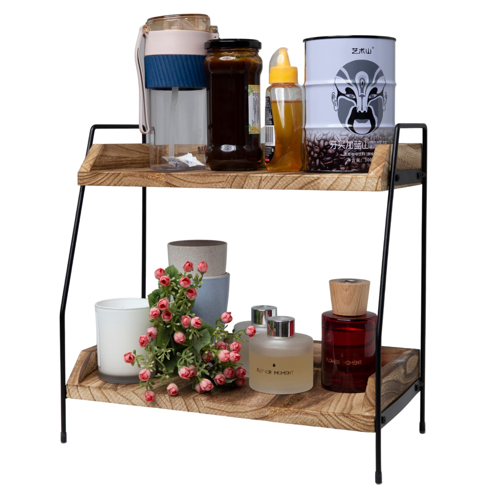 QUALLON Coffee Bar Accessories and Organizer, Coffee Station Organizer 2 Tier Bathroom Counter Organizer, Wood Coffee Tray, Bath