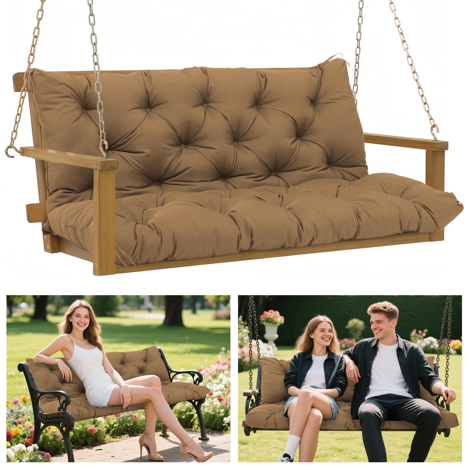 Patio Swing Cushions 3 Seater Extra Thick 5' Waterproof Outdoor Swing Replacement Cushions With Backrest And Ties, Fade-Resista