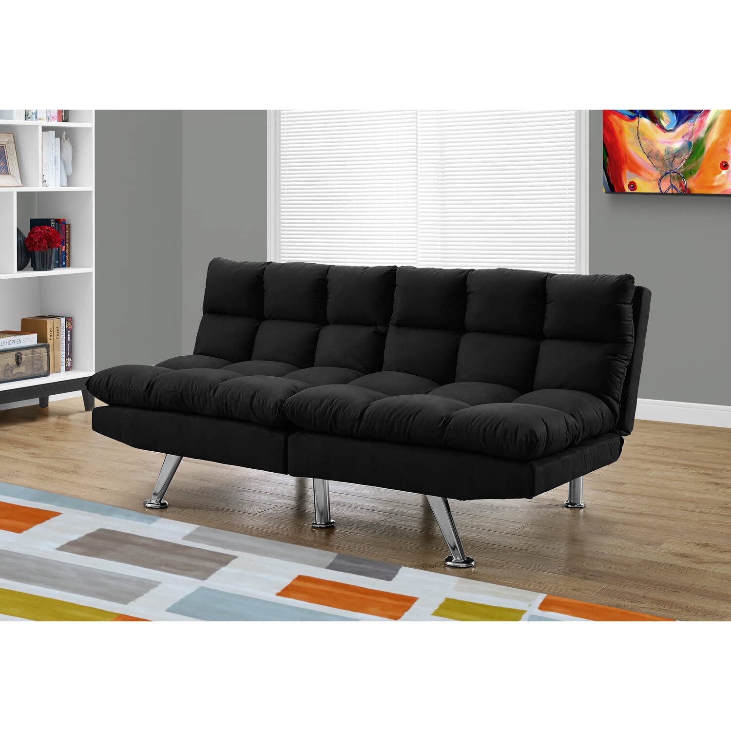 Monarch Specialties Split Back Click Clack Light Grey Micro Suede Futon, 70'L x 23'D x 33'H, Black