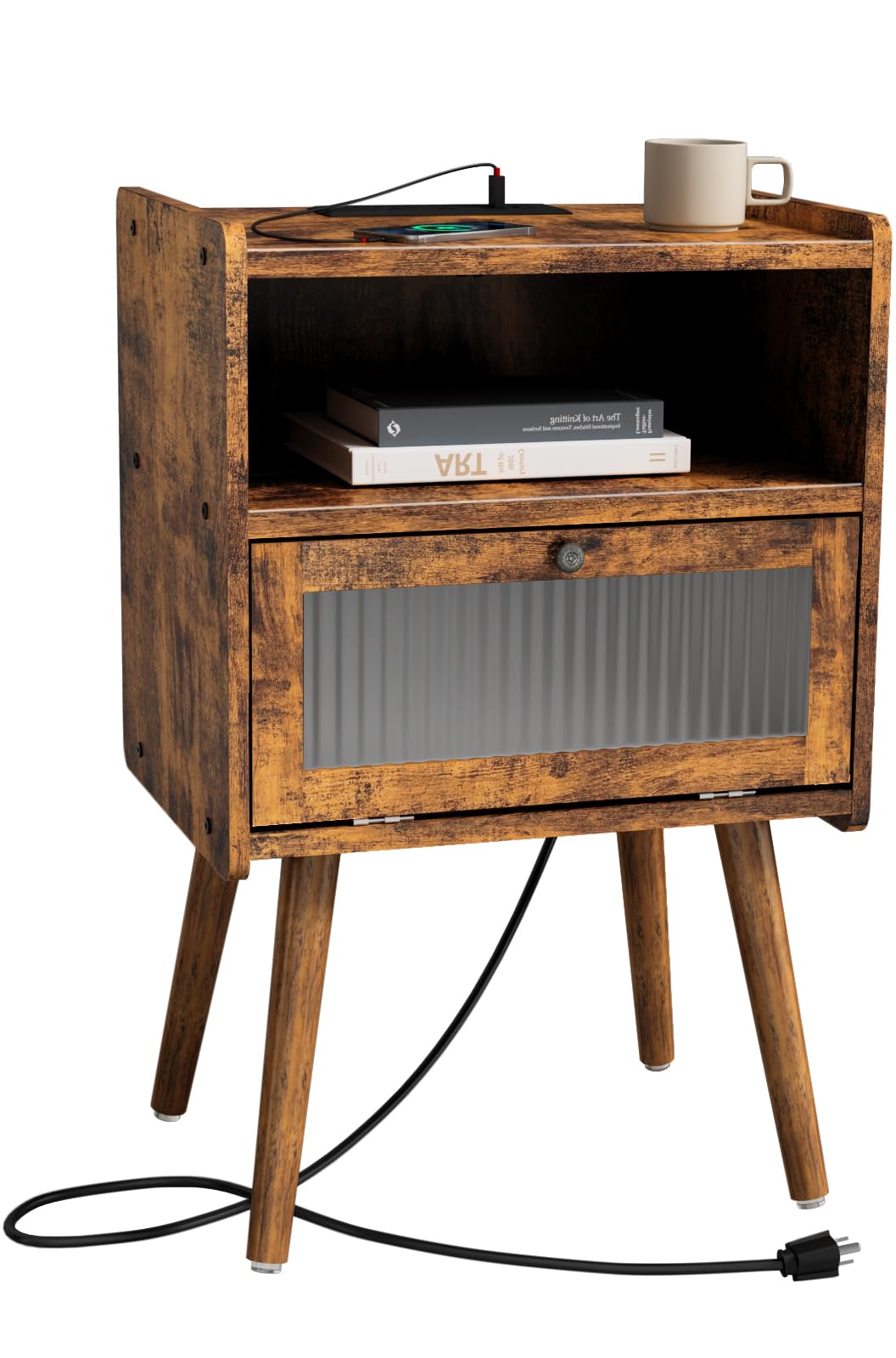 Mid Century Modern Nightstand With Charging Station, Bedside Tables With Glass Door, End Table Side Table With 2 Tiers Storage Space, For Bedroom, Living Room, Brown