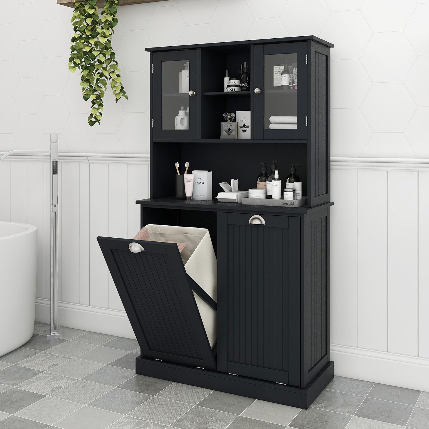 OQSC Tall Tilt Out Laundry Hamper Cabinet with 2 Removable Baskets, Laundry Room Cabinets and Storage Furniture with Hidden Laun