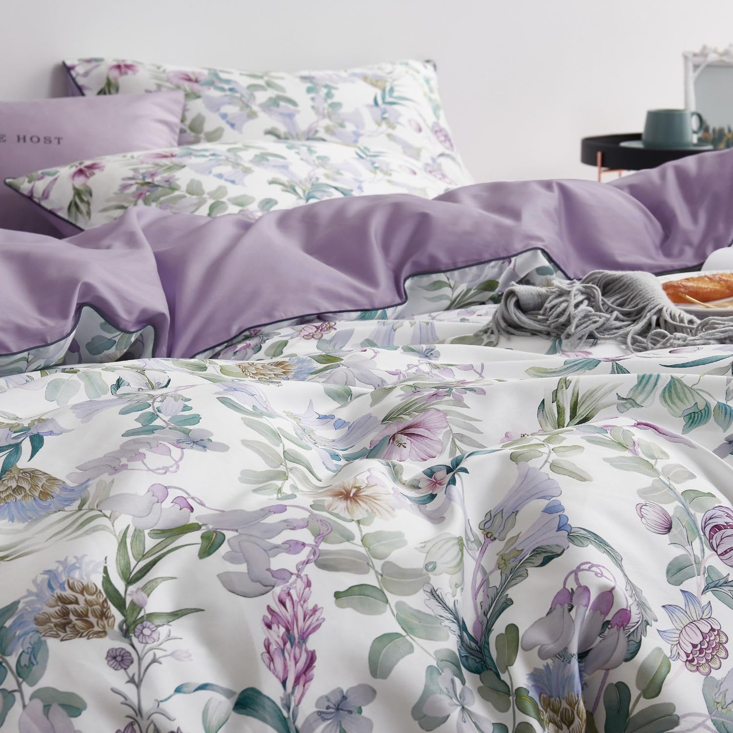 Mixinni Garden Style Purple Floral Printed On White Duvet Cover Queen Size Flower Leaves Pattern Long Staple Cotton Bedding Set