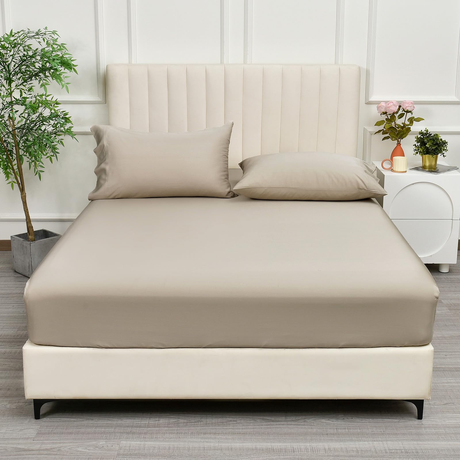 PHF 100% Rayon Derived from Bamboo Cooling Fitted Sheet Twin Size for Hot Sleeper,16'' Deep Pocket,2.5cm Wider Strong Elastic Ba