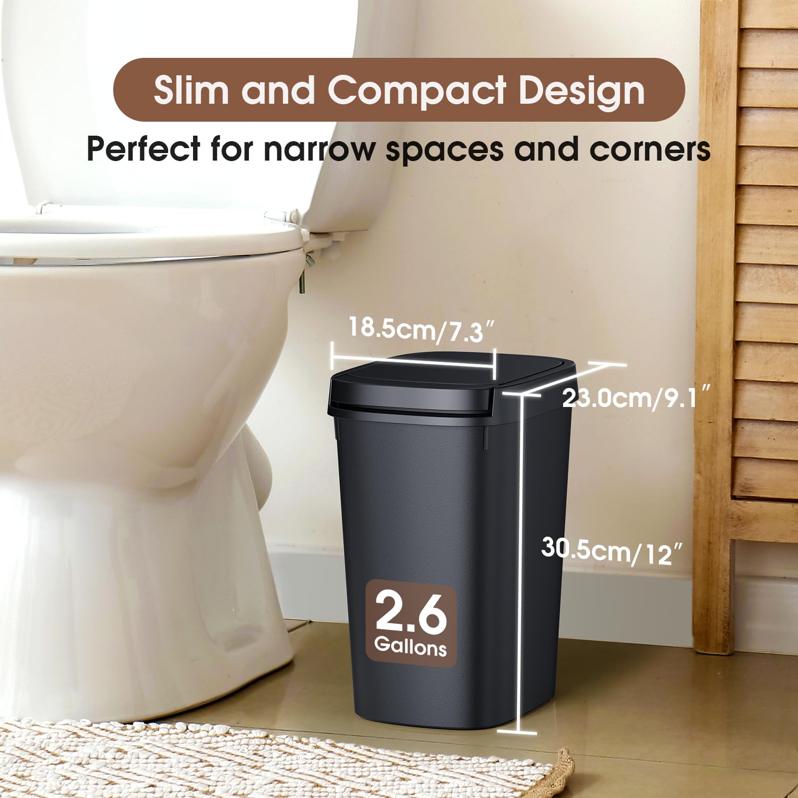 Ceroelda 3 Pack Bathroom Small Trash Can With Lid, 10L/2.6 Gal Slim Garbage Can With Press Top Lid, Plastic Wastebasket With Pop