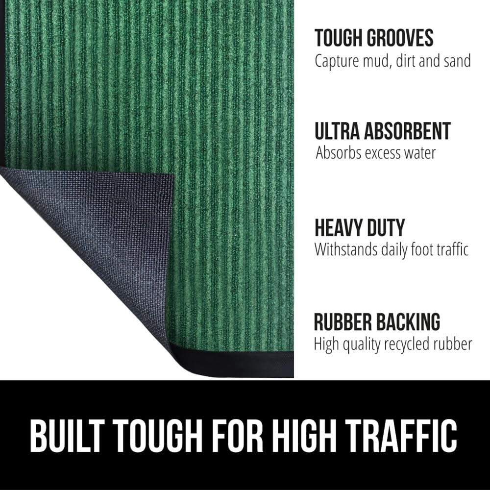 Gorilla Grip Waterproof Heavy Duty Traffic Guard Doormat, Stain And Fade Resistant, Durable Rubber, Low Profile Door Mat, Shoe Scraper, Welcome Mats For Entry, 60X36, Green