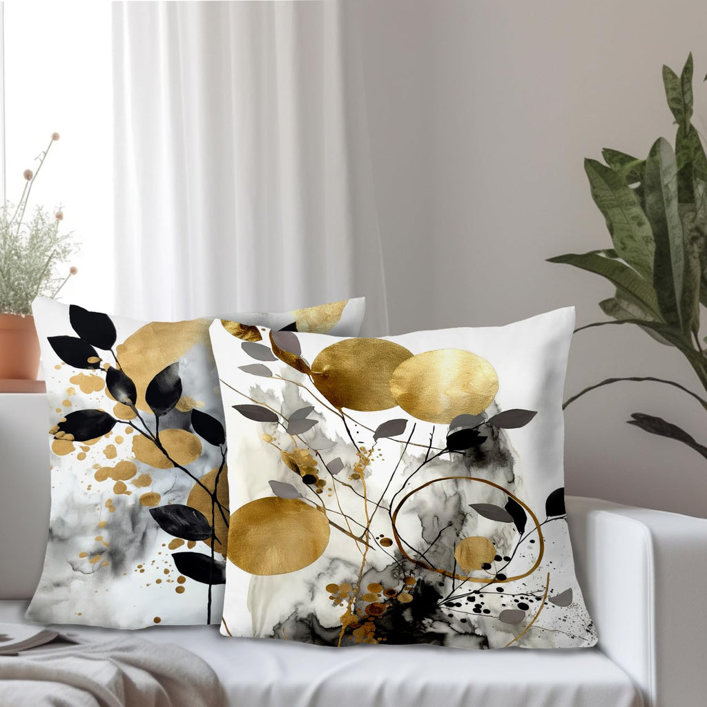 Supwhd Black And Gold Botanical Pillow Covers 20X20 Set Of 2, Abstract Modern Decorative Throw Pillow Covers For Living Room Bed