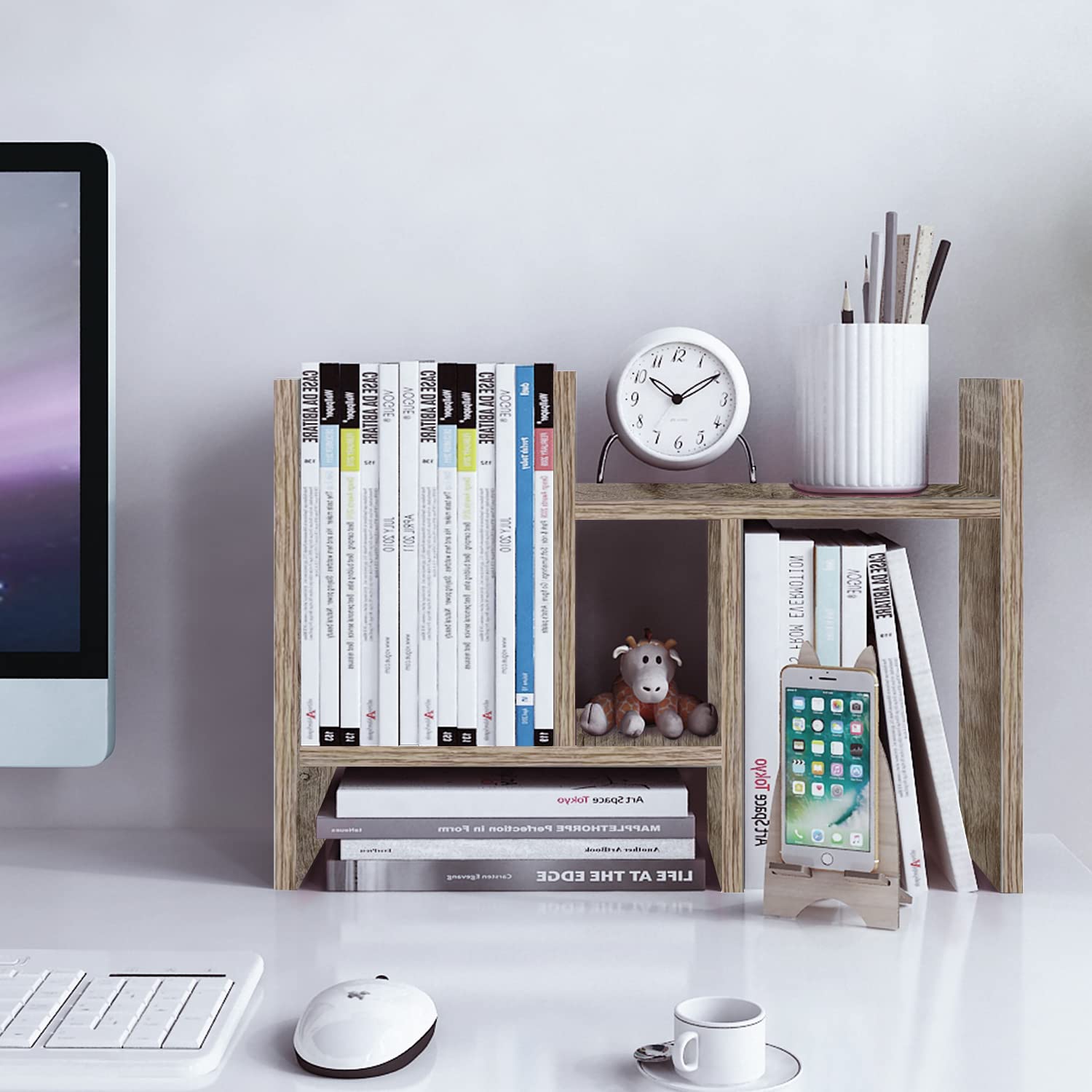 Jerry & Maggie - Desktop Organizer Office Storage Rack Adjustable Wood Display Shelf - Free Style Double H Display - Gray Oak